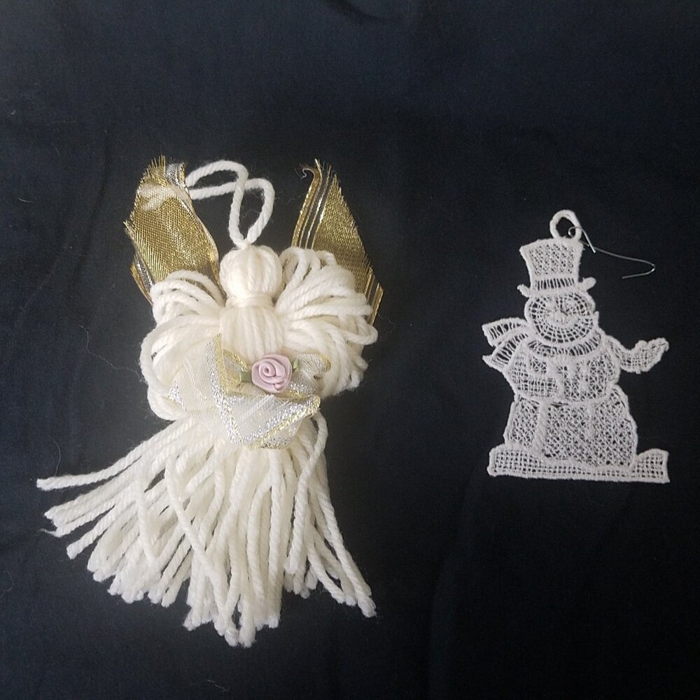Ornaments handmade angel snowman white yarn Christmas holiday set of two